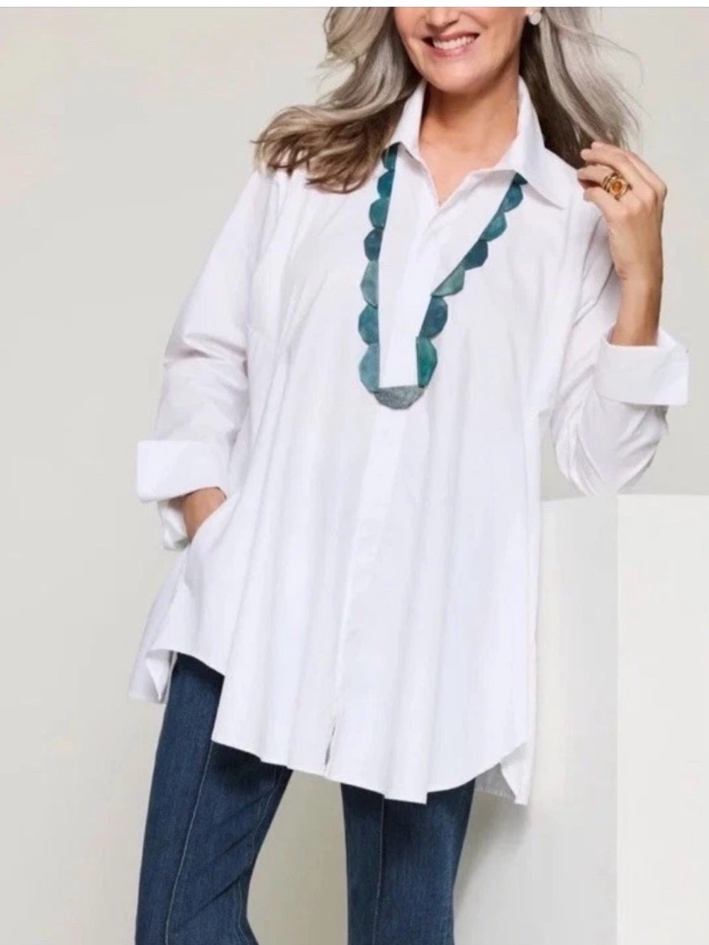 Planet by Lauren G Artist Smock Shirt White Lagenlook Tunic Pockets SZ L